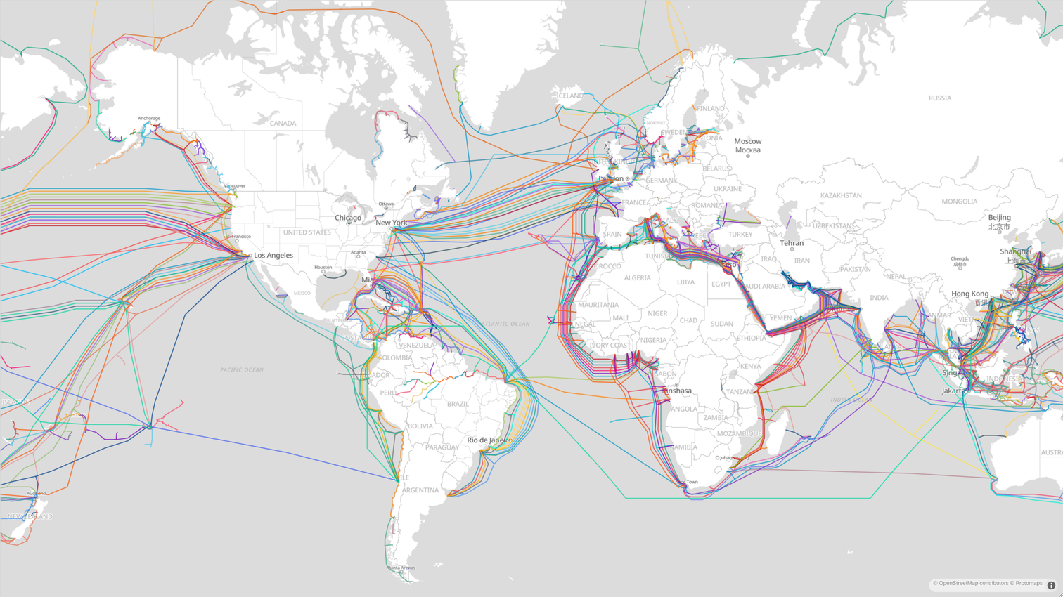 NexiWay submarine cable viewer showing global cable systems on a world map