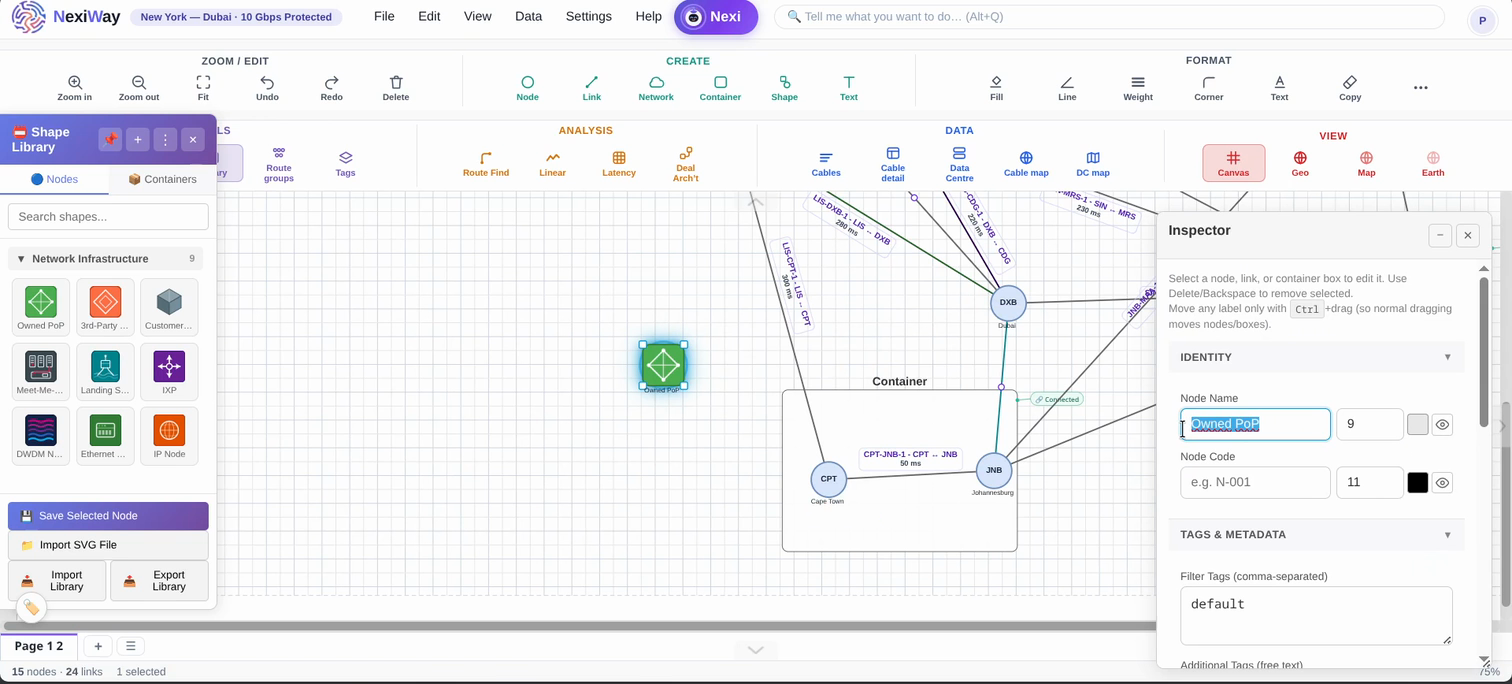 NexiWay design canvas showing a global network topology of nodes and links