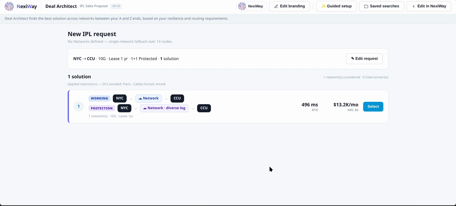 NexiWay Deal Architect showing ranked Private Line solutions between two endpoints