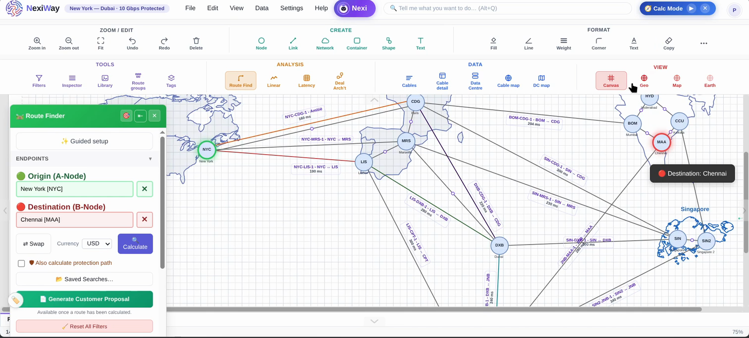 NexiWay APAC network topology used for route finding